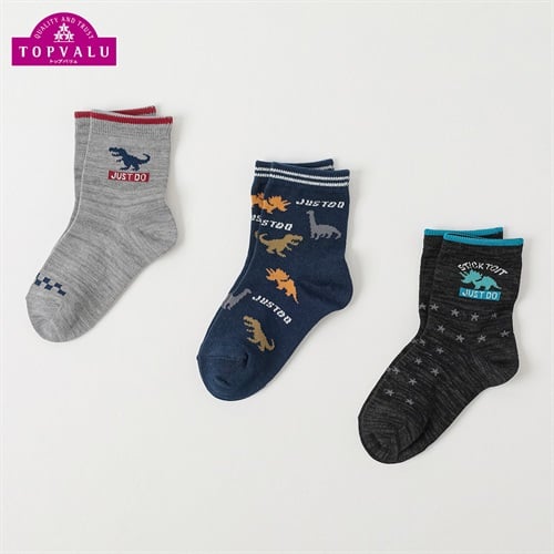 カジュアルソックス クルー丈3足組 キッズ 男の子 トップバリュ 16-21cm(ダイナソー-16-21cm)