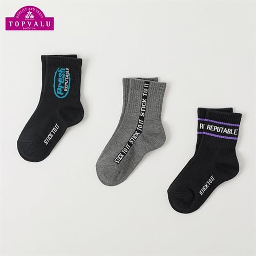 カジュアルソックス クルー丈3足組 キッズ 男の子 トップバリュ 16-21cm(ストリートロゴ-16-21cm)