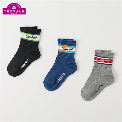 カジュアルソックス クルー丈3足組 キッズ 男の子 トップバリュ 16-21cm(ラインロゴ-16-21cm)