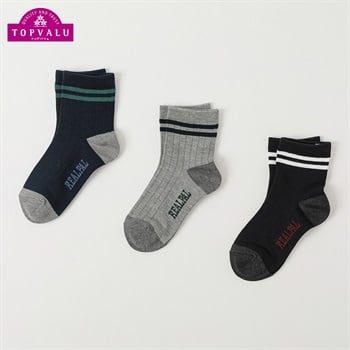 カジュアルソックス クルー丈3足組 キッズ 男の子 トップバリュ 19-24cm(疑似リブライン-19-24cm)