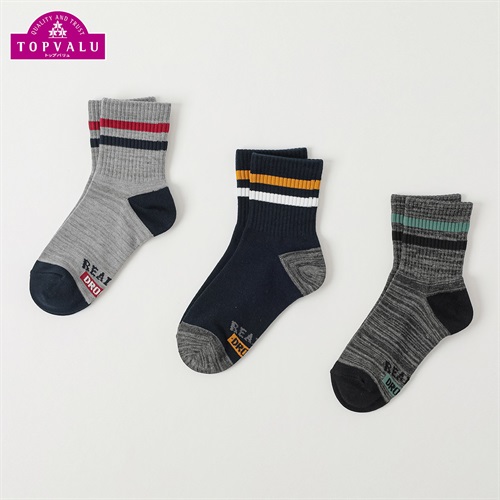 カジュアルソックス クルー丈3足組 キッズ 男の子 トップバリュ 19-24cm(ライン×足底ロゴ-19-24cm)