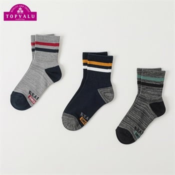 カジュアルソックス クルー丈3足組 キッズ 男の子 トップバリュ 19-24cm(ライン×足底ロゴ-19-24cm)