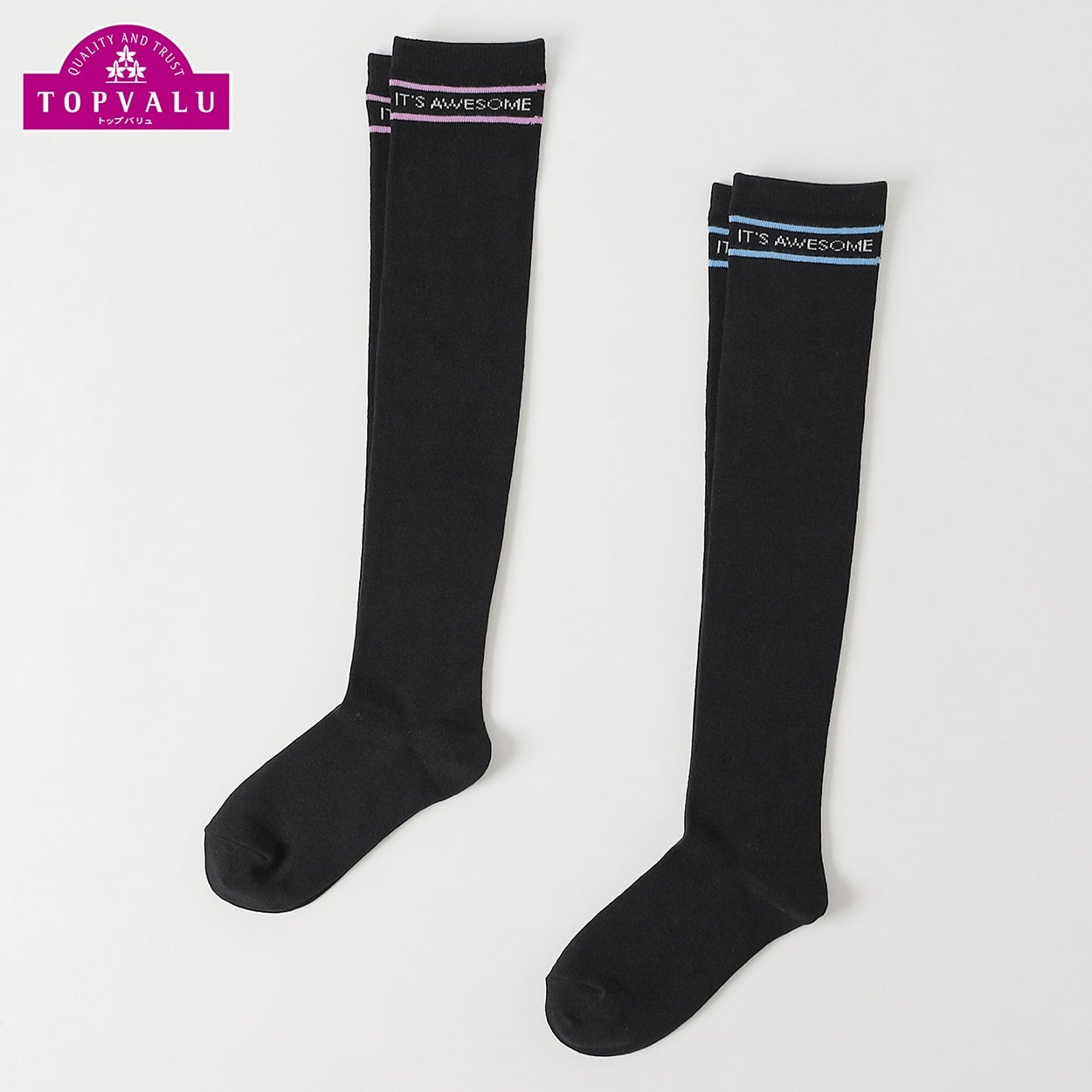 カジュアルソックス 2足組（オーバーニー）19-24cm キッズ 女の子 トップバリュ(2足組A-19-24cm)
