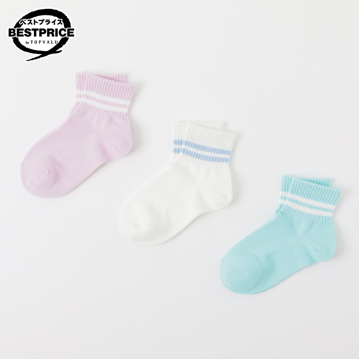 カジュアルソックス ショートクルー丈３足組 16-21cm キッズ 女の子 トップバリュ ベストプライス(3足組B-16-21cm)