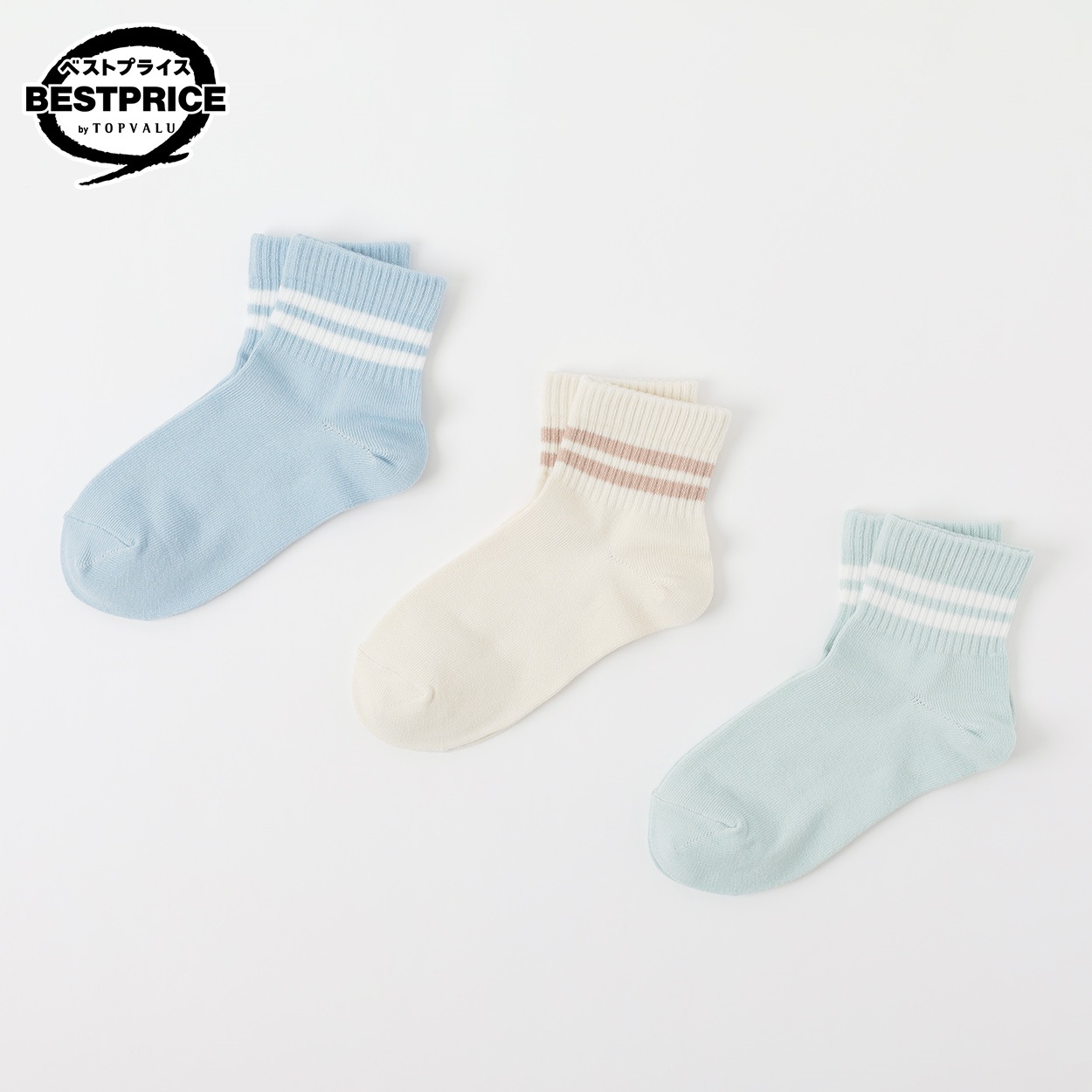 カジュアルソックス ショートクルー丈３足組 19-24cm キッズ 女の子 トップバリュ ベストプライス(3足組A-19-24cm)