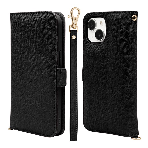 【Iphone15】ハンドストラップ付き ソフトケース　ブラック iPhone15・14・13 手帳型ケース+ハンドストラップカード3枚 | イオン