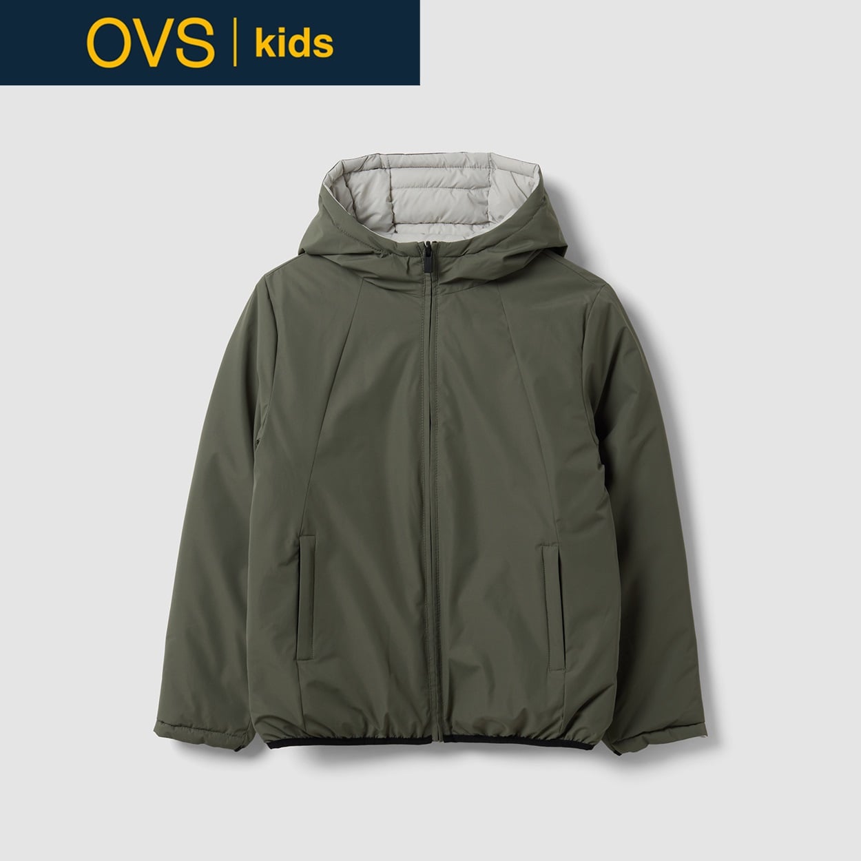OVS KIDS(オヴィエッセ キッズ) グレー×グリーンウルトラライトリバーシブル中わたジャケット キッズ 男の子 女の子(バジルグリーン-158cm)