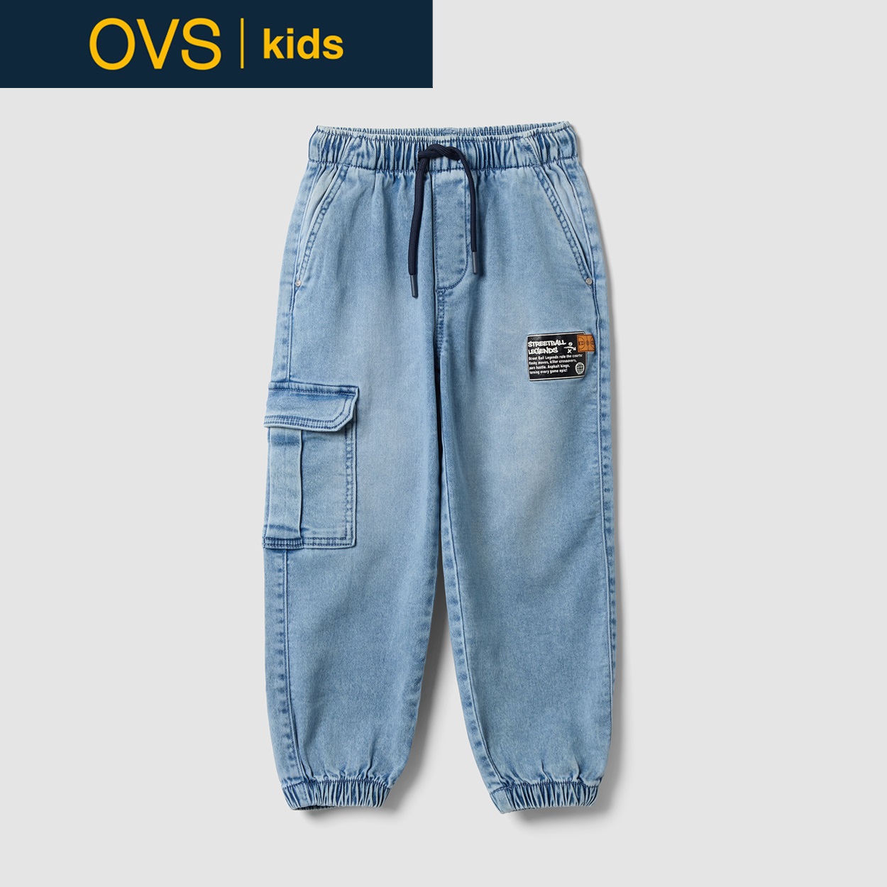 OVS KIDS(オヴィエッセ キッズ) ライトブルーストレッチコットンリラックスフィットデニムジョガーパンツ キッズ 男の子(ミディアムブルー-140cm)