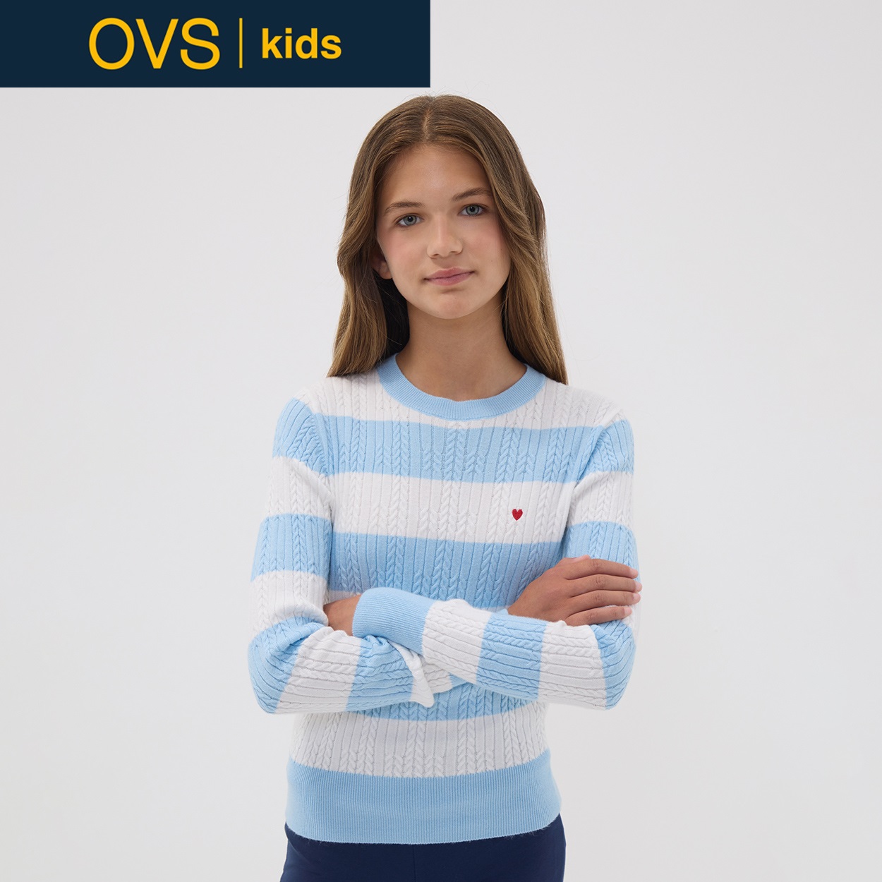 OVS KIDS(オヴィエッセ キッズ) マルチカラーレーヨン混ニットプルオーバー キッズ 女の子(ライトブルーストライプ×ホワイト-152cm)