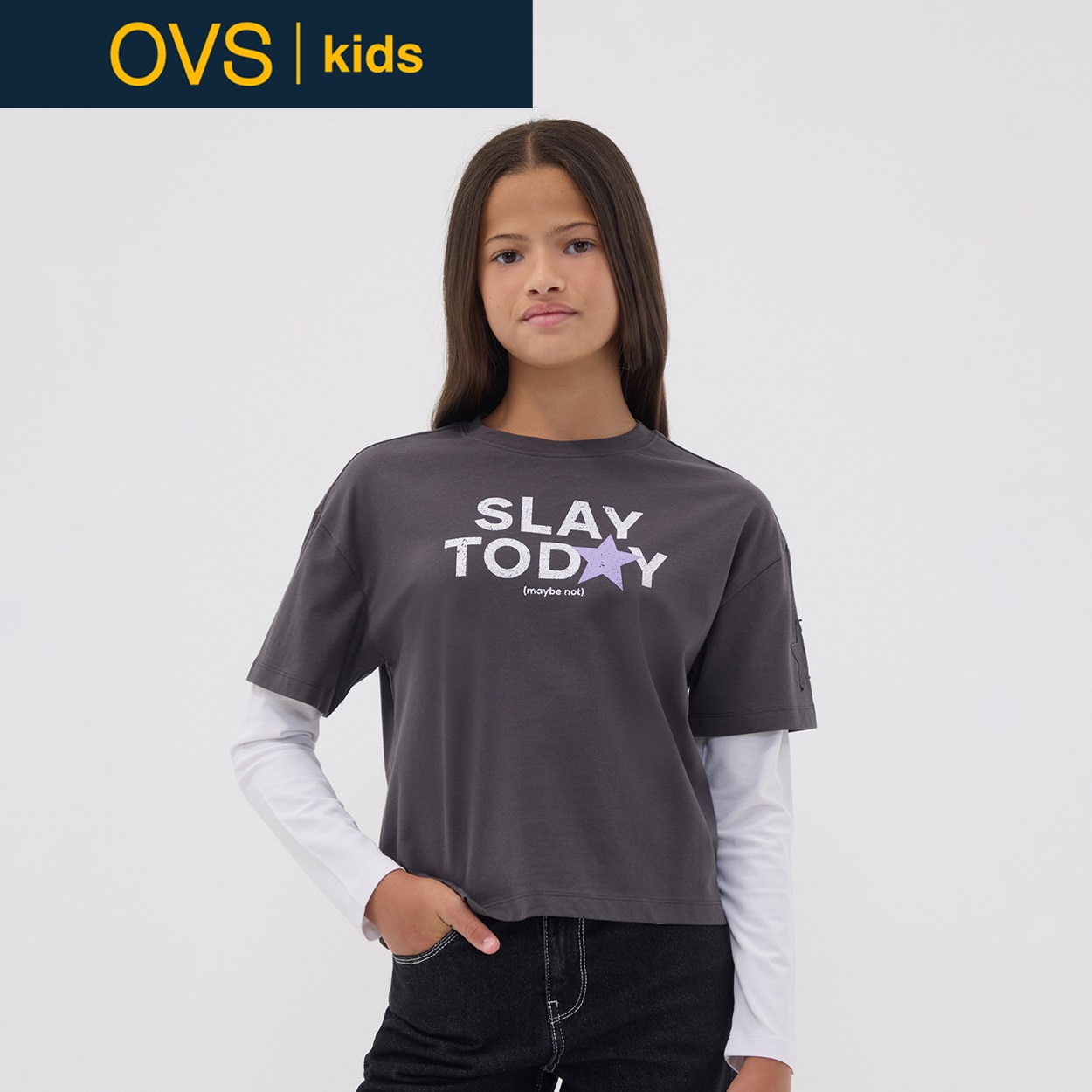 OVS KIDS(オヴィエッセ キッズ) グレーピュアコットンTシャツ キッズ 女の子(アイアンブラック-152cm)