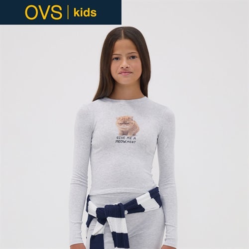 OVS KIDS(オヴィエッセ キッズ)  グレー ストレッチオーガニックコットン スリムフィット Tシャツ キッズ 女の子