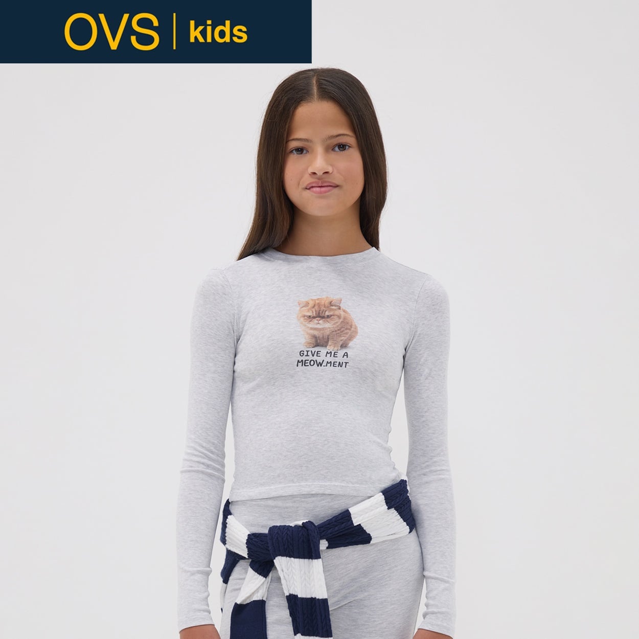 OVS KIDS(オヴィエッセ キッズ)  グレー ストレッチオーガニックコットン スリムフィット Tシャツ キッズ 女の子(ライトグレーメランジ-146cm)