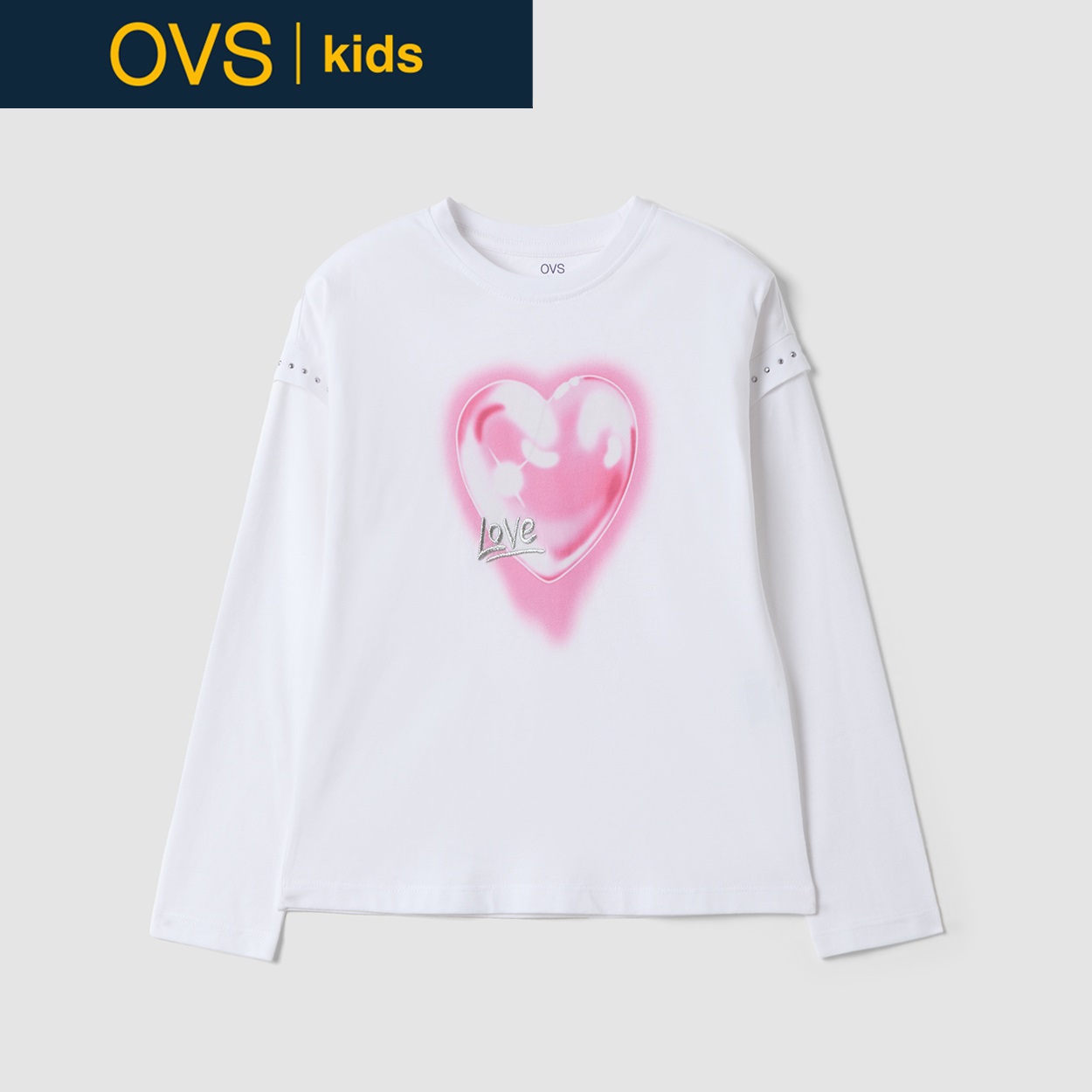 OVS KIDS(オヴィエッセ キッズ)  ホワイト ピュアコットン クルーネック Tシャツ キッズ 女の子(ブライトホワイト-140cm)