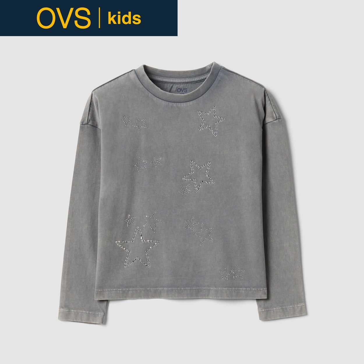 OVS KIDS(オヴィエッセ キッズ)  グレー ピュアコットン クルーネック Tシャツ キッズ 女の子(アロイグレー-104cm)