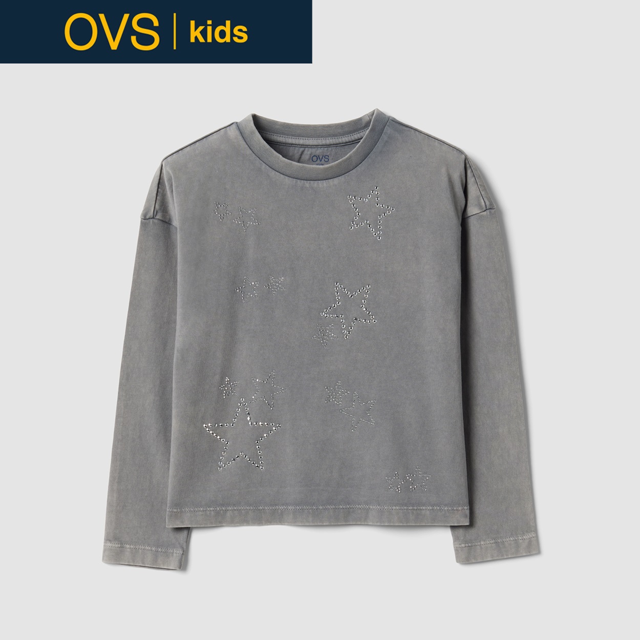 OVS KIDS(オヴィエッセ キッズ)  グレー ピュアコットン クルーネック Tシャツ キッズ 女の子(アロイグレー-128cm)
