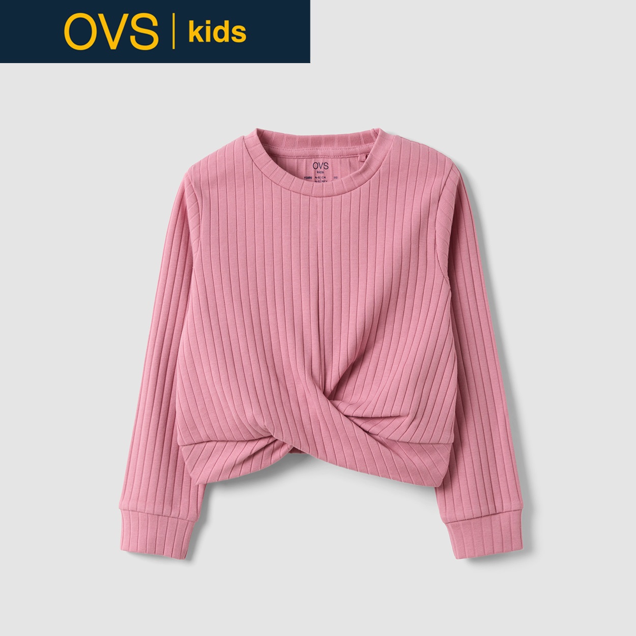 OVS KIDS(オヴィエッセ キッズ)  ピンク ストレッチコットン クロップド リブ Tシャツ キッズ 女の子(ポリニャックブルー-134cm)