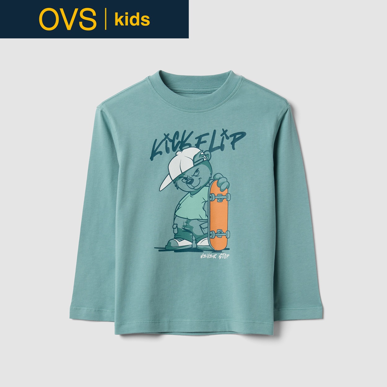 OVS KIDS(オヴィエッセ キッズ) グリーンピュアコットンTシャツ キッズ 男の子(オイルブルー-140cm)