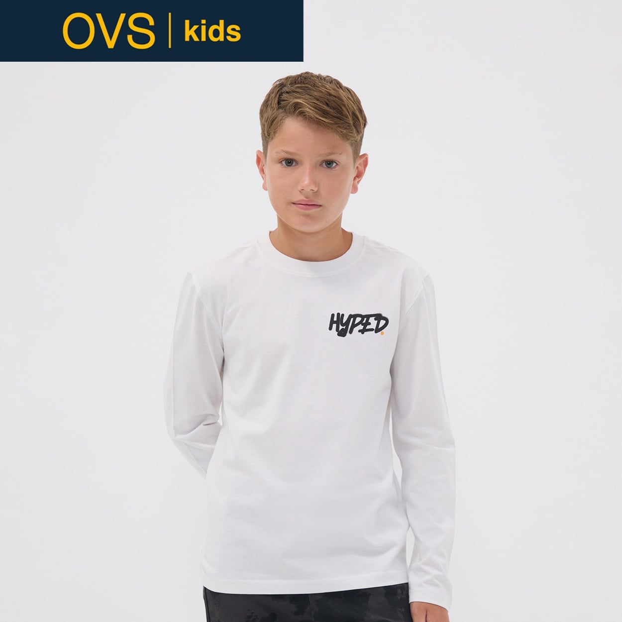 OVS KIDS(オヴィエッセ キッズ) ホワイトオーガニックコットンTシャツ キッズ 男の子(ペールブルー-152cm)