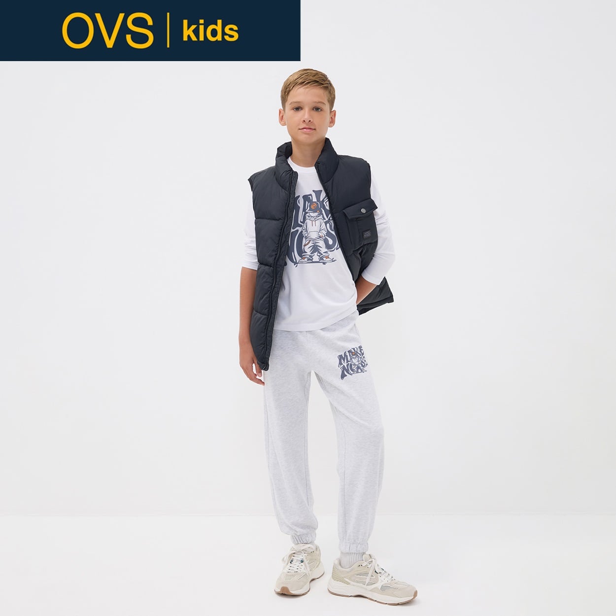 OVS KIDS(オヴィエッセ キッズ) グレーピュアコットンジョガーパンツ キッズ 男の子(ライトグレーメランジ-146cm)