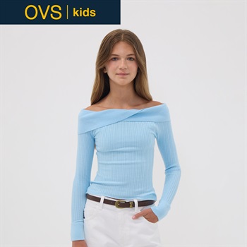 OVS KIDS(オヴィエッセ キッズ)  ブルー レーヨン混 フィット ボートネックトップス キッズ 女の子(エンジェルフォールズブルー-146cm)