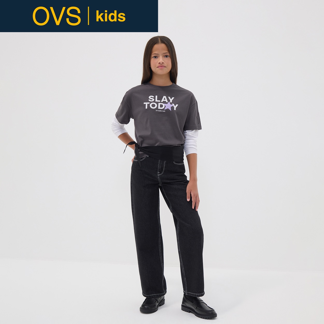 OVS KIDS(オヴィエッセ キッズ)  ブラック ピュアコットン デニムパンツ キッズ 女の子(ブラック-158cm)
