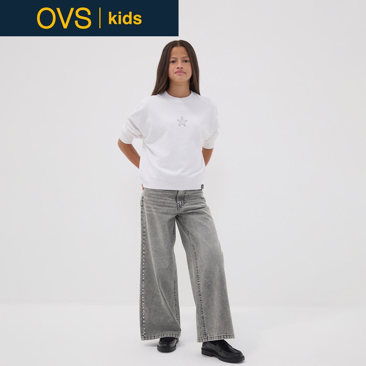 OVS KIDS(オヴィエッセ キッズ) グレーピュアコットンデニムパンツ キッズ 女の子(ライトグレー-158cm)
