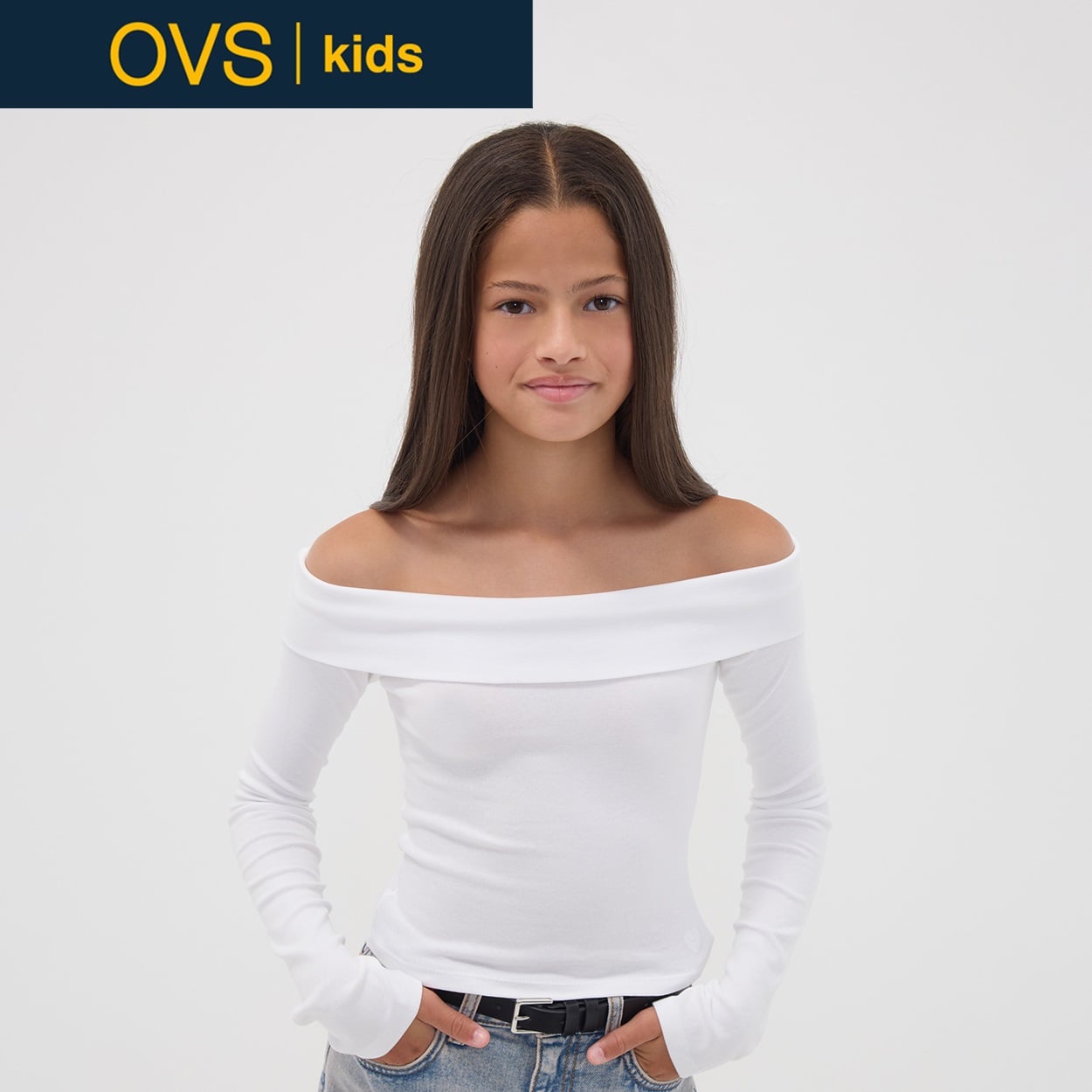 OVS KIDS(オヴィエッセ キッズ)  ホワイト ストレッチコットン スリムフィット ボートネック Tシャツ キッズ 女の子(ブライトホワイト-152cm)