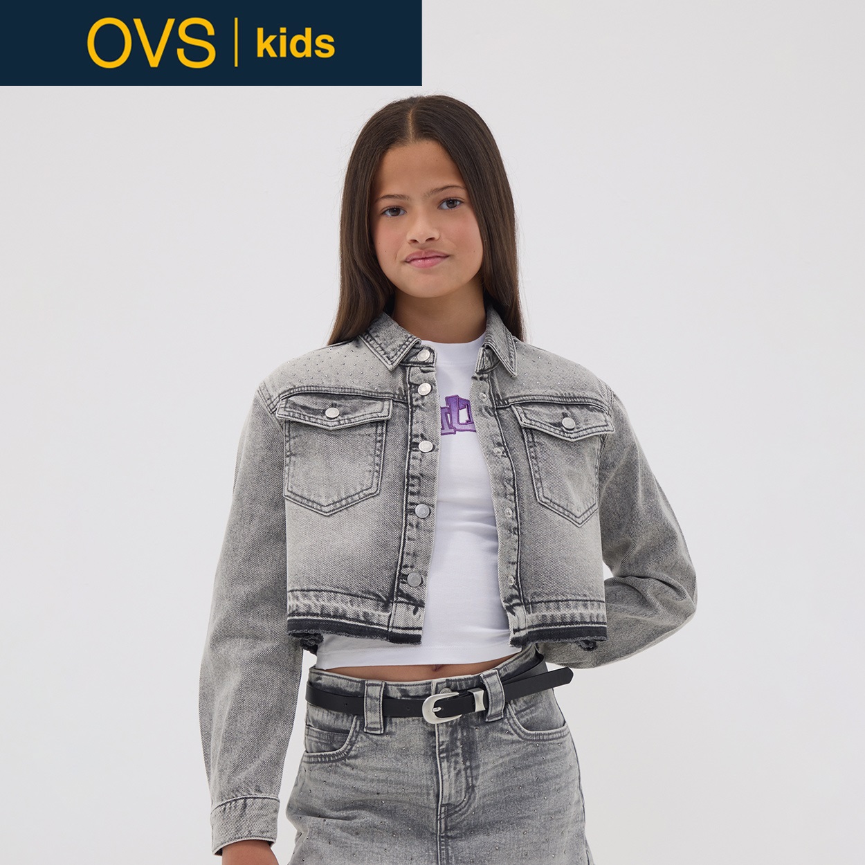 OVS KIDS(オヴィエッセ キッズ)  グレー ピュアコットン シャツ キッズ 女の子(グレー-158cm)