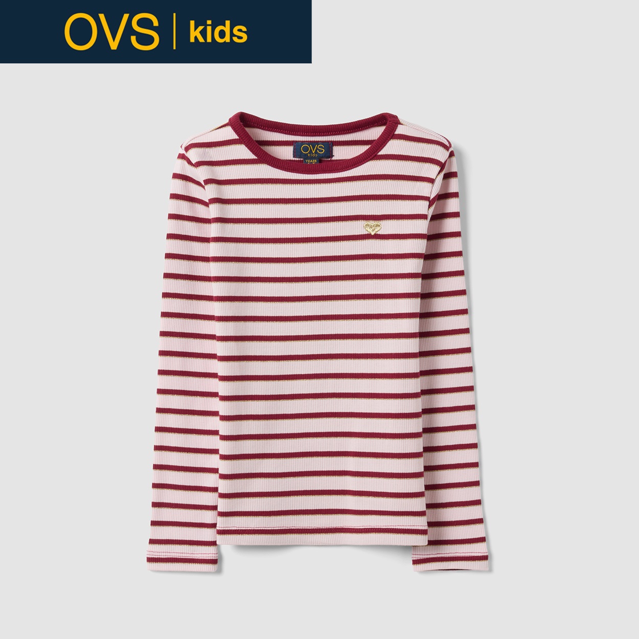 OVS KIDS(オヴィエッセ キッズ)  マルチカラーストライプ ストレッチコットン Tシャツ キッズ 女の子(レッドストライプ×ピンク-140cm)