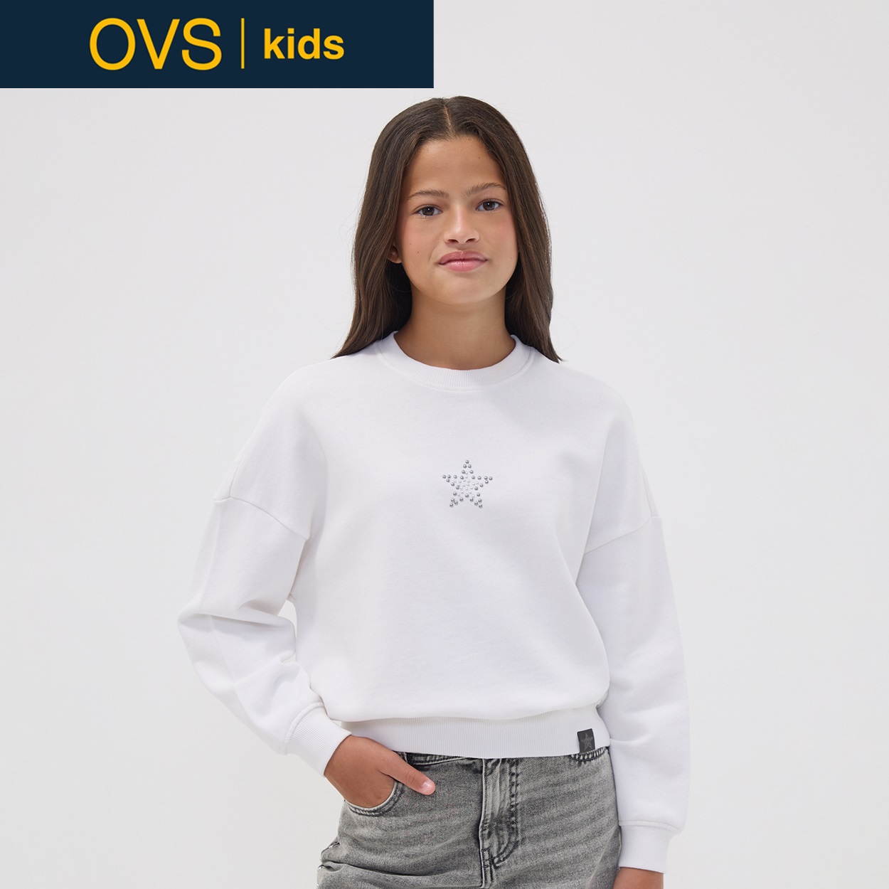 OVS KIDS(オヴィエッセ キッズ)  ホワイト ピュアコットン スウェットシャツ キッズ 女の子(ブライトホワイト-164cm)