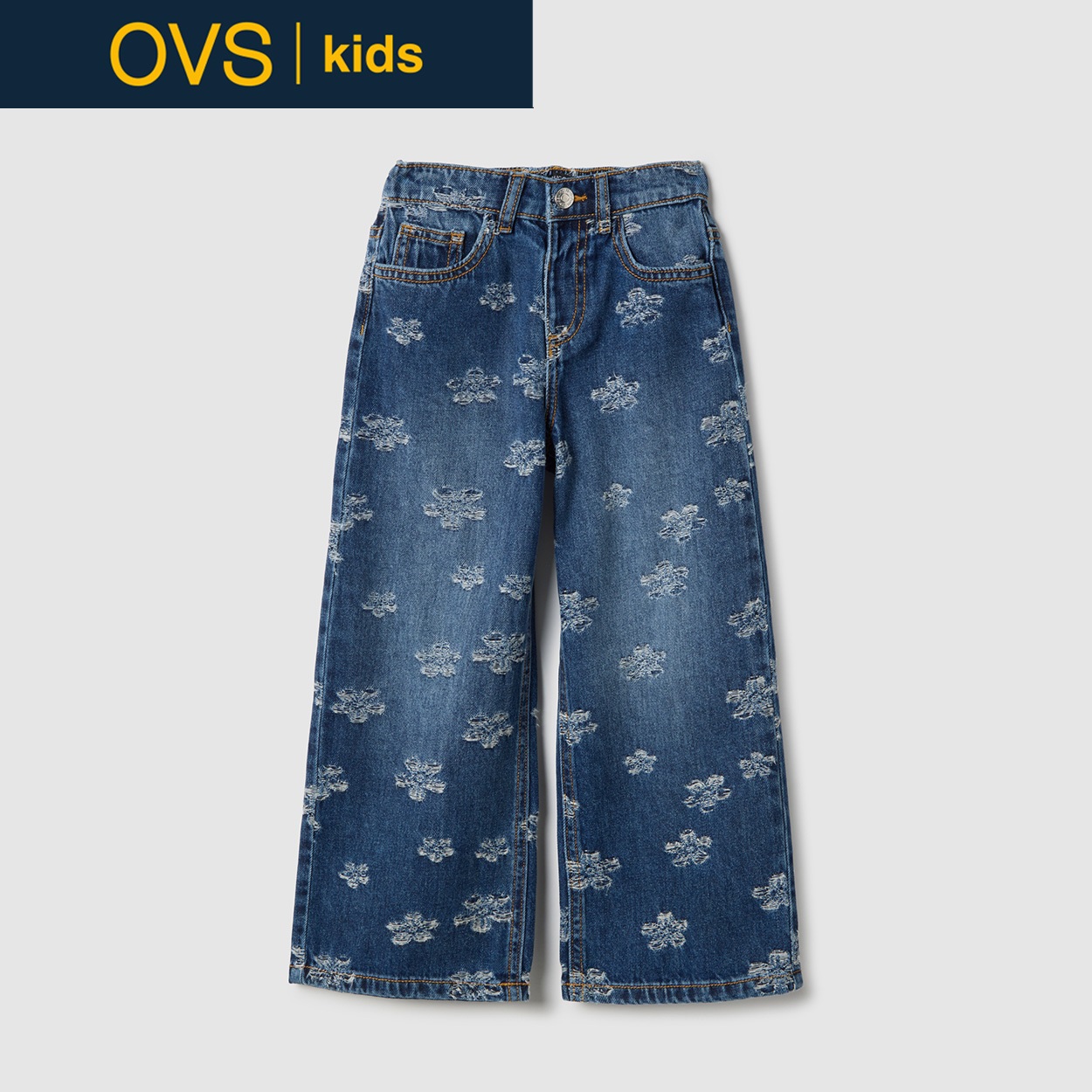 OVS KIDS(オヴィエッセ キッズ) ジャカードストレートデニム 女の子 キッズ(ネイビー-128cm)