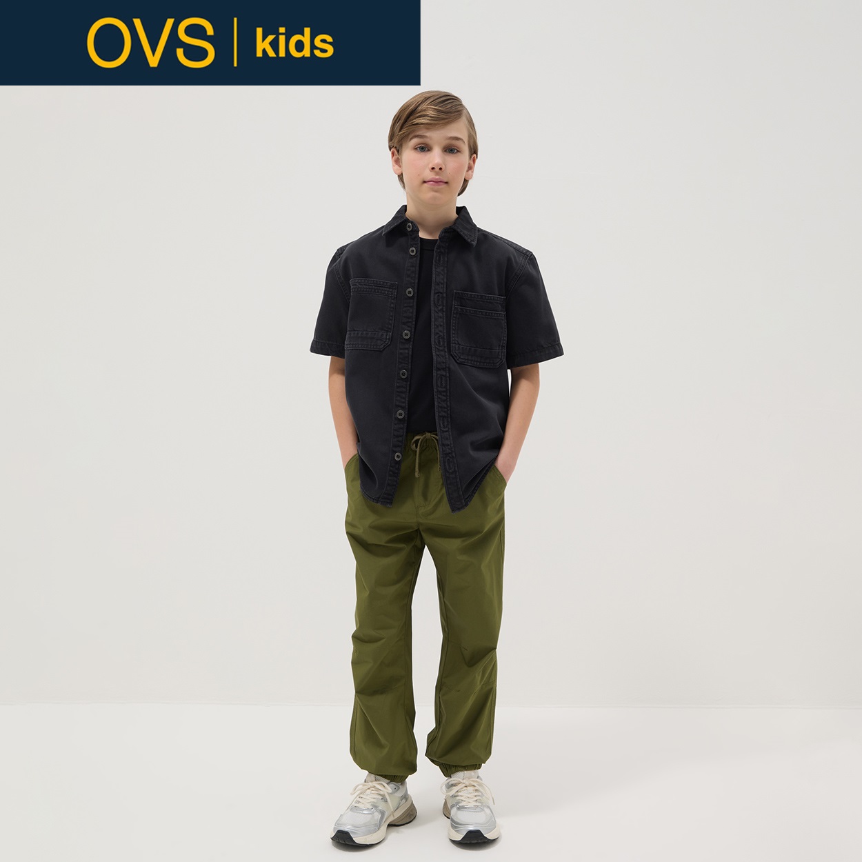 ONYONE デモアウターパンツ Sサイズ ブラック/グリーン OVS KIDS(オヴィエッセ キッズ) グリーン ピュアコットン ワイドレッグ