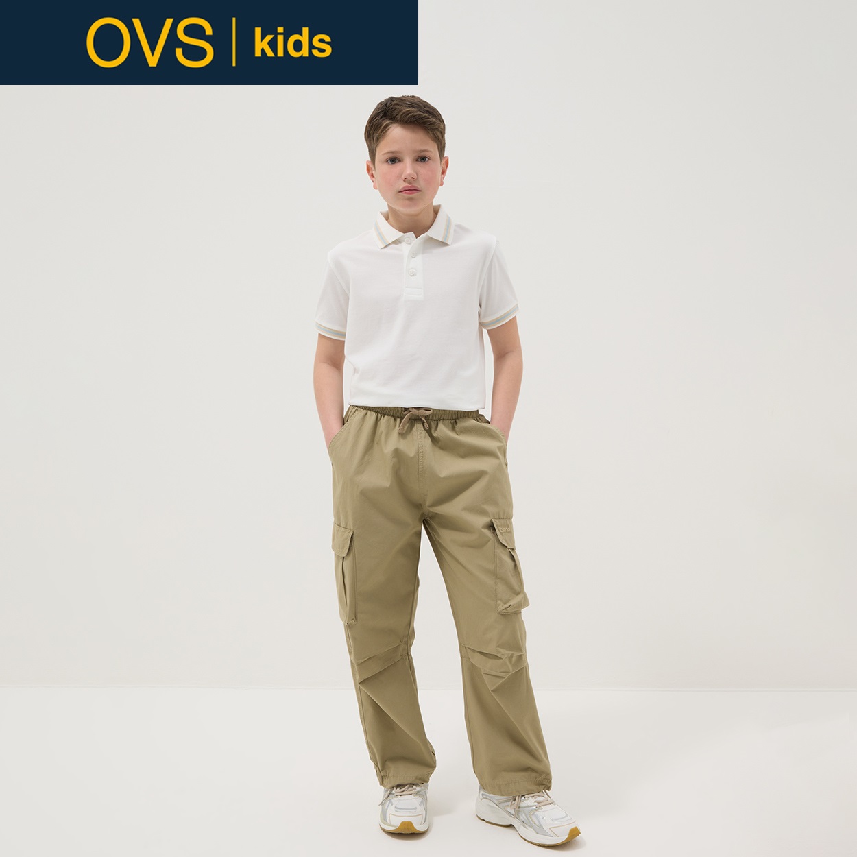 OVS KIDS(オヴィエッセ キッズ)  ベージュ ピュアコットン レギュラーフィット カーゴパンツ 男の子 キッズ(ダークベージュ-152cm)