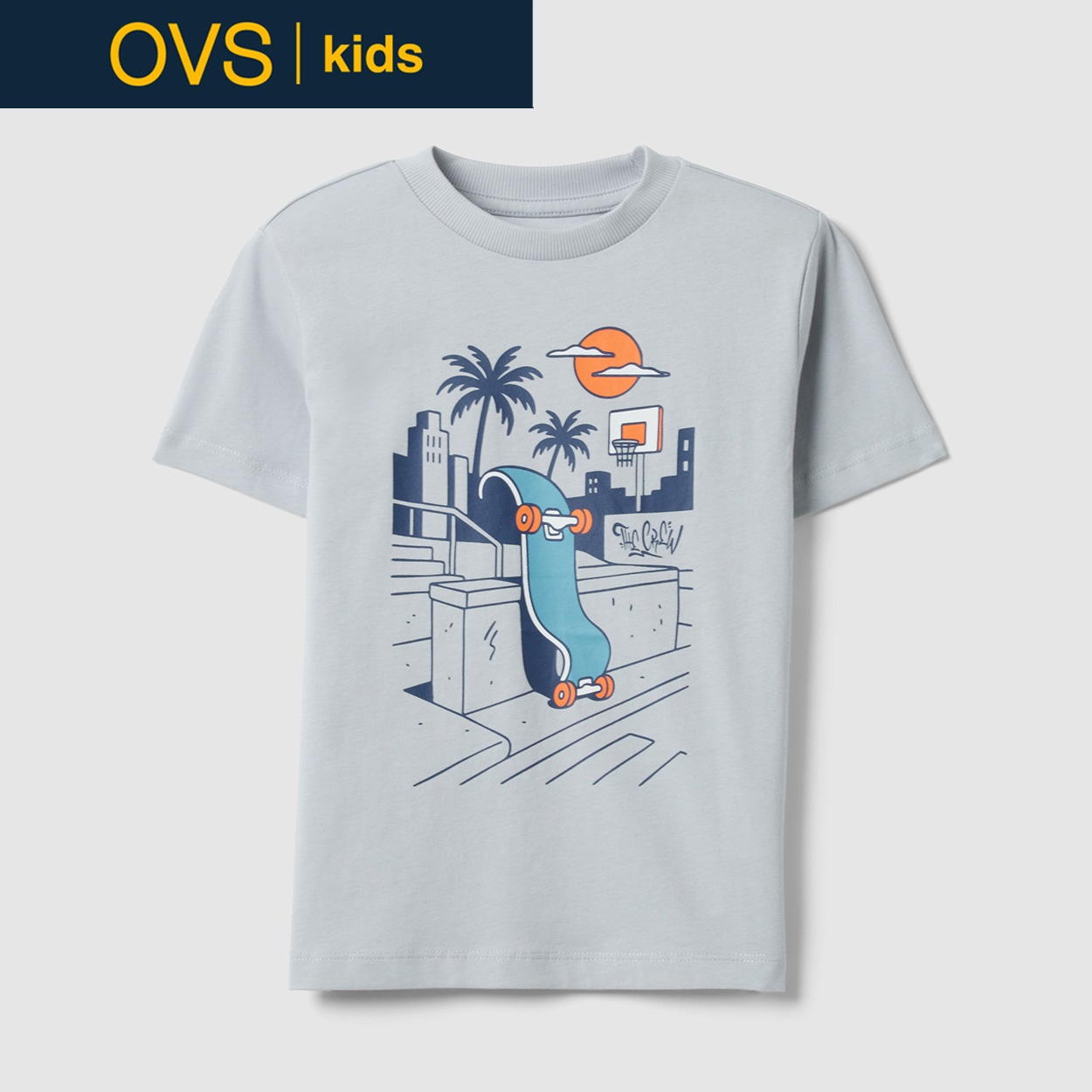 OVS KIDS(オヴィエッセ キッズ)  ブルー ピュアコットン オーバーサイズ Tシャツ（プリント） 男の子 キッズ(ライトブルー-104cm)