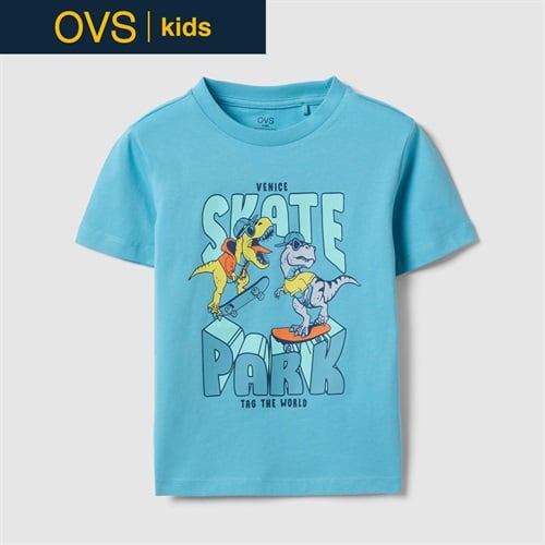 OVS KIDS(オヴィエッセ キッズ)  ブルー 恐竜プリント ピュアコットン オーバーサイズ Tシャツ 男の子 キッズ