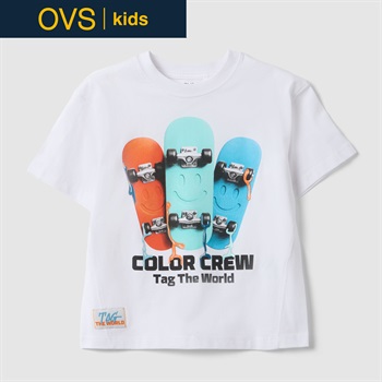 OVS KIDS(オヴィエッセ キッズ)  ホワイト ピュアコットン レギュラーフィット Tシャツ（スケートボードプリント） 男の子 キッズ(オプティカルホワイト-104cm)