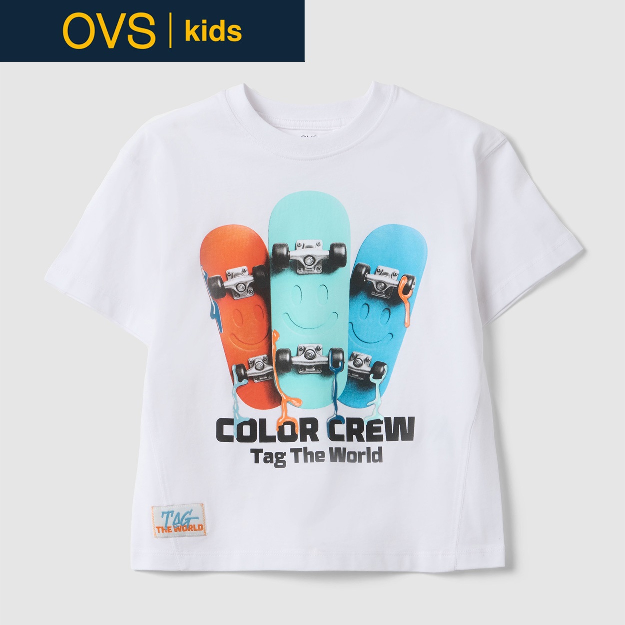 OVS KIDS(オヴィエッセ キッズ)  ホワイト ピュアコットン レギュラーフィット Tシャツ（スケートボードプリント） 男の子 キッズ(オプティカルホワイト-134cm)