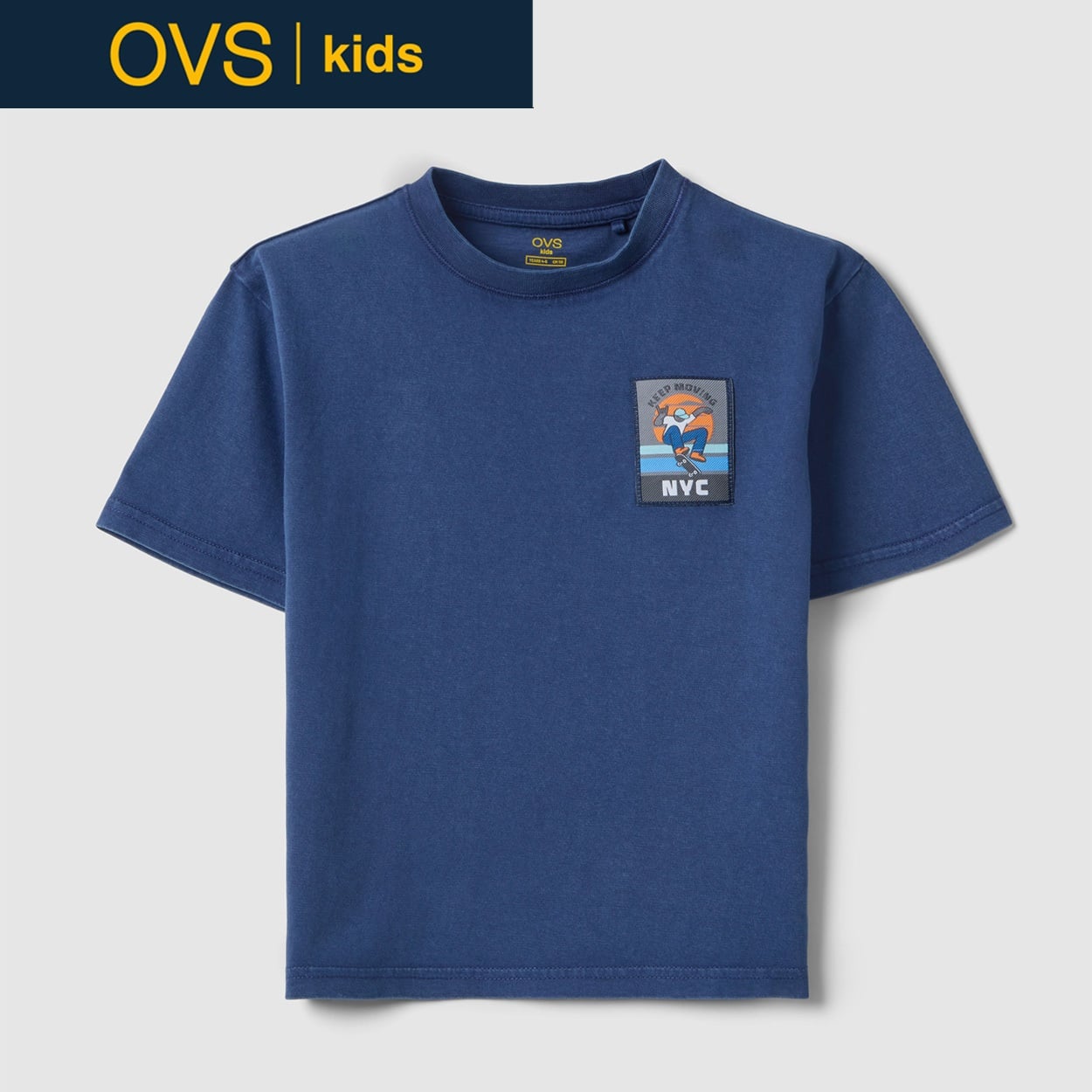 OVS KIDS(オヴィエッセ キッズ)  ブルー ピュアコットン レギュラーフィット Tシャツ（パッチ付き） 男の子 キッズ(オーシャンブルー-104cm)