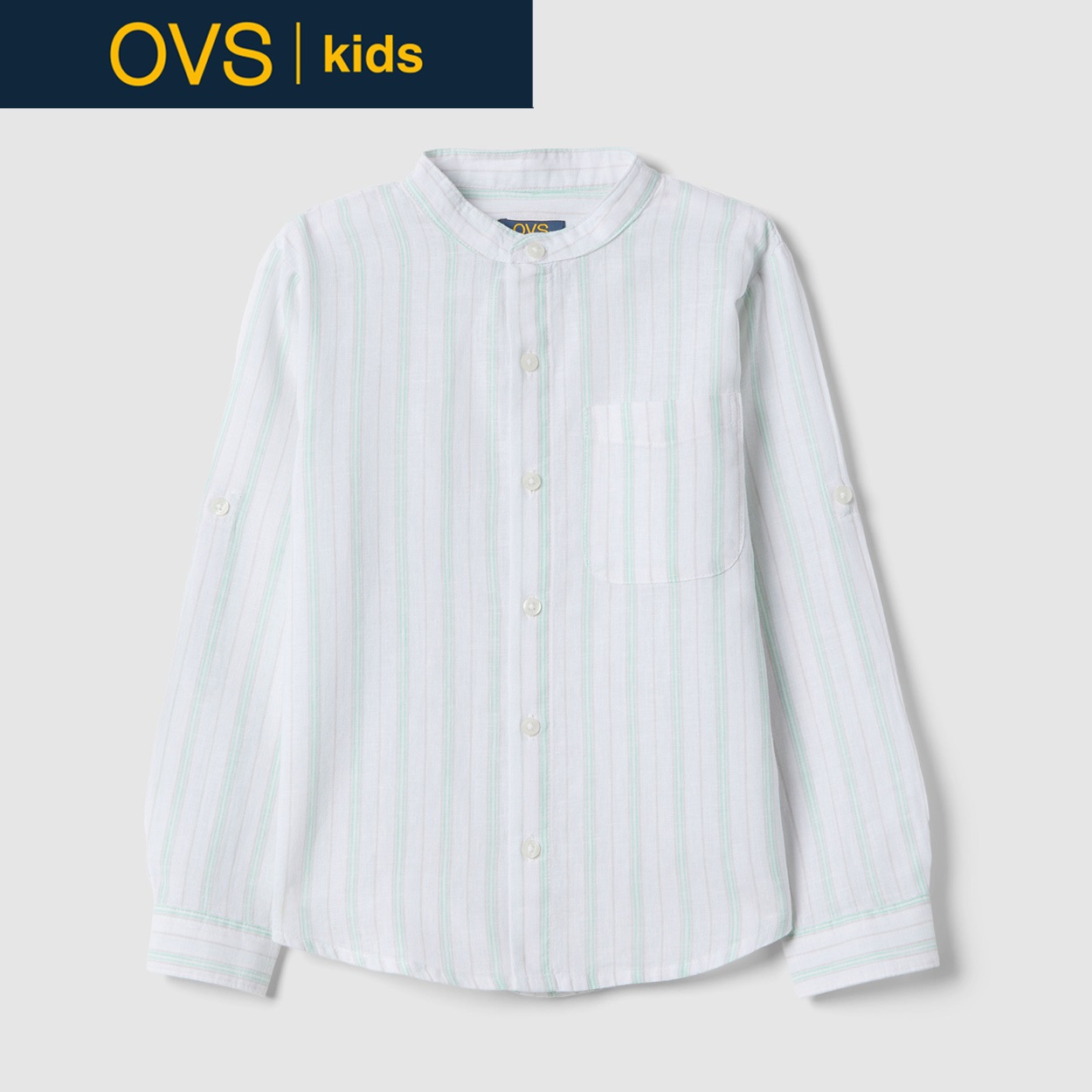 OVS KIDS(オヴィエッセ キッズ)  マルチカラーストライプ リネン混 レギュラーフィット シャツ 男の子 キッズ(ホワイト×グリーン（マルチカラー）-110cm)