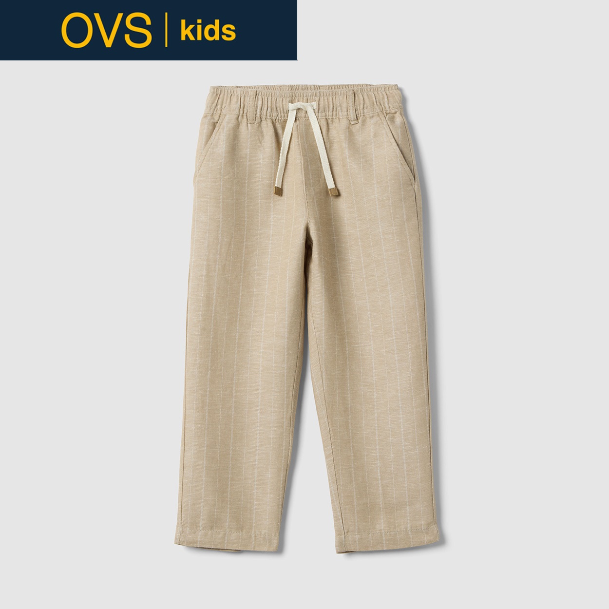 OVS KIDS(オヴィエッセ キッズ)  ベージュ ストライプ柄 リネン混 レギュラーフィット パンツ 男の子 キッズ(ベージュ（ストライプ）-116cm)