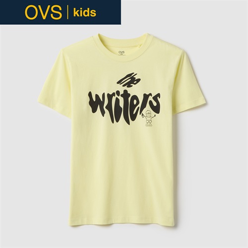 OVS KIDS(オヴィエッセ キッズ)  ライトイエロー ピュアコットン レギュラーフィット Tシャツ（ロゴ入り） 男の子 キッズ