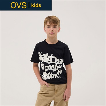 OVS KIDS(オヴィエッセ キッズ)  ブラック ピュアコットン レギュラーフィット Tシャツ（プリント） 男の子 キッズ