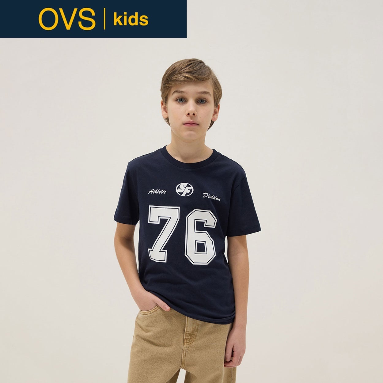 OVS KIDS(オヴィエッセ キッズ)  ブルー ピュアコットン レギュラーフィット Tシャツ（プリント） 男の子 キッズ(ブルー/ホワイト-164cm)