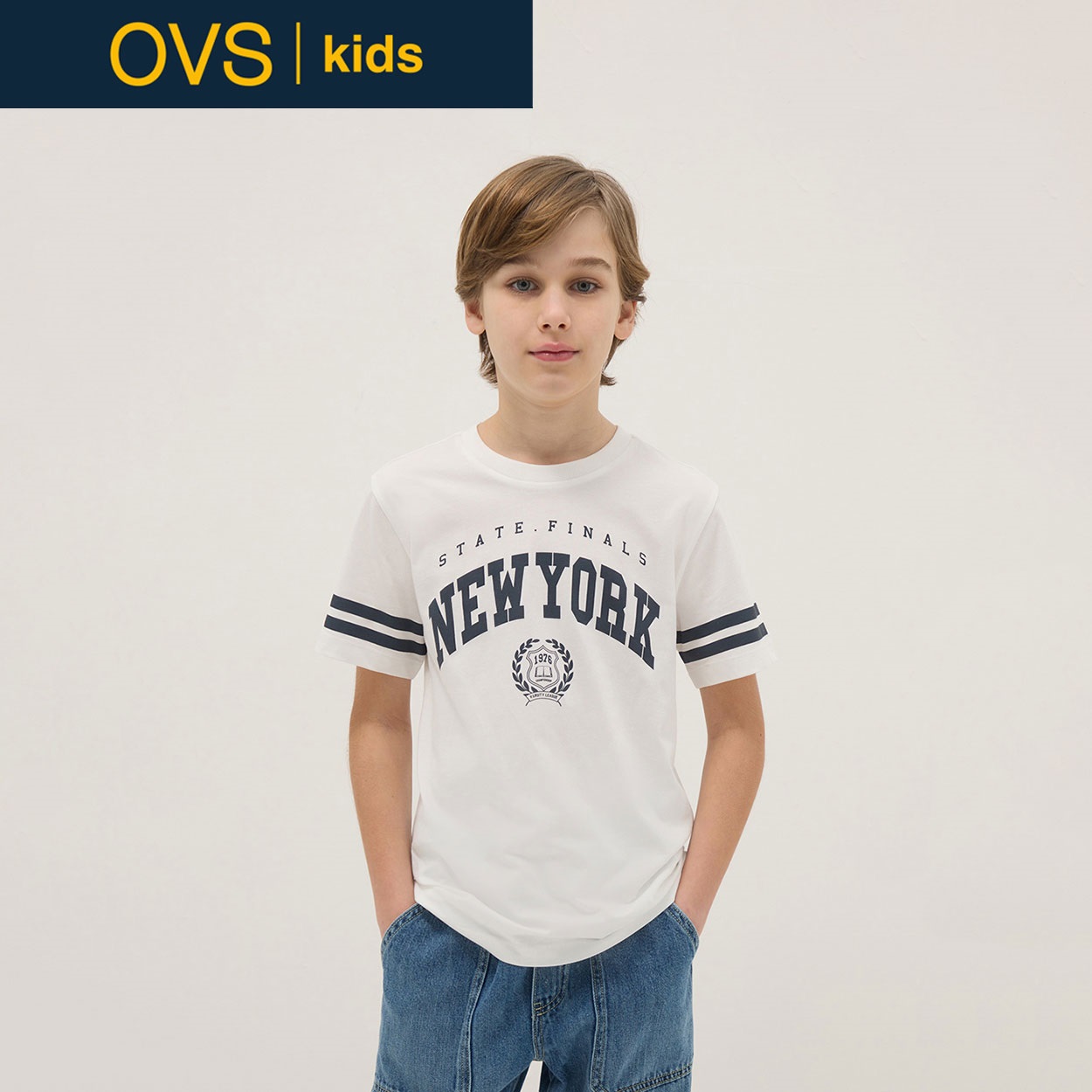 OVS KIDS(オヴィエッセ キッズ)  ホワイト ピュアコットン レギュラーフィット Tシャツ（New Yorkプリント） 男の子 キッズ(ホワイト-164cm)