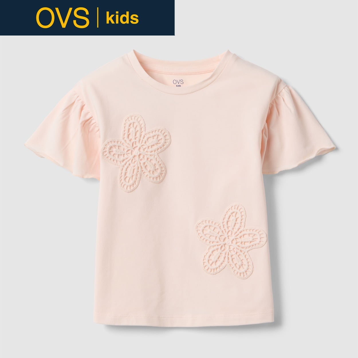OVS KIDS(オヴィエッセ キッズ)  ピンク ストレッチコットン Tシャツ（フラワー刺繍） 女の子 キッズ(ライトピンク-140cm)