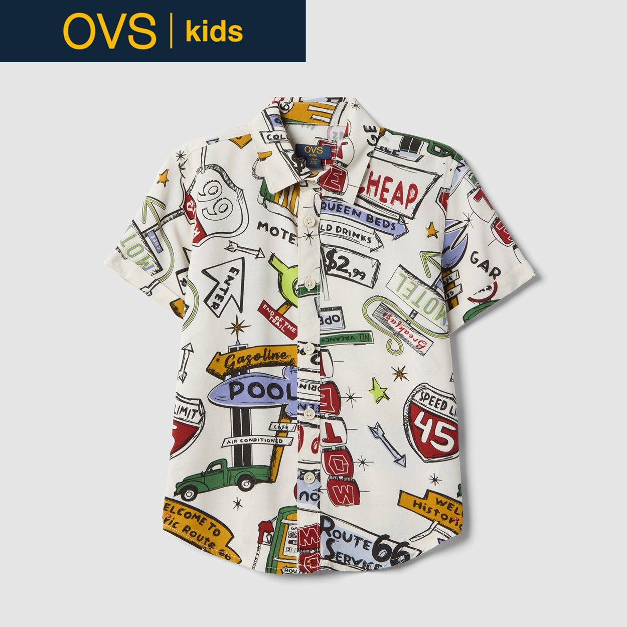 OVS KIDS(オヴィエッセ キッズ)  マルチカラー ピュアビスコース レギュラーフィット シャツ（プリント） 男の子 キッズ(ホワイト/レッド（マルチカラー）-110cm)