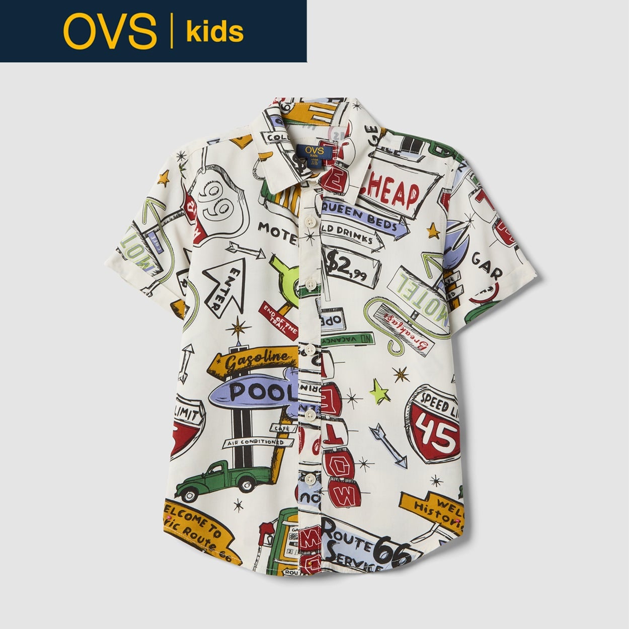 OVS KIDS(オヴィエッセ キッズ)  マルチカラー ピュアビスコース レギュラーフィット シャツ（プリント） 男の子 キッズ(ホワイト/レッド（マルチカラー）-122cm)