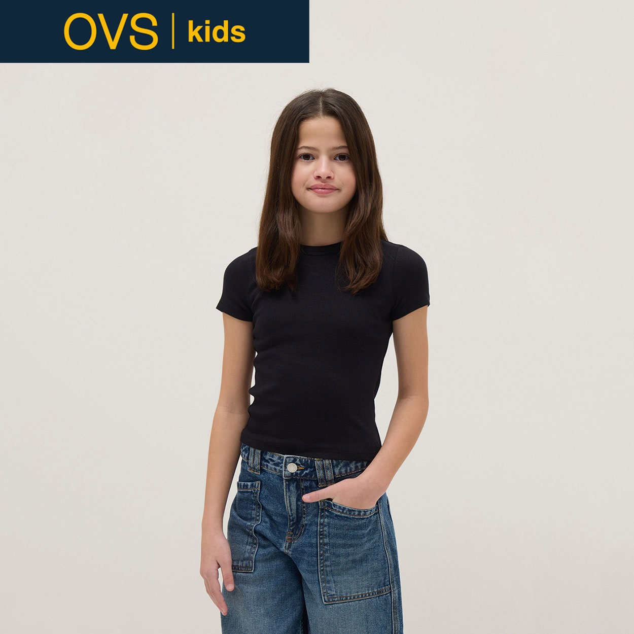 OVS KIDS(オヴィエッセ キッズ)  ブラック ストレッチコットン フィット Tシャツ 女の子 キッズ(ブラック-152cm)