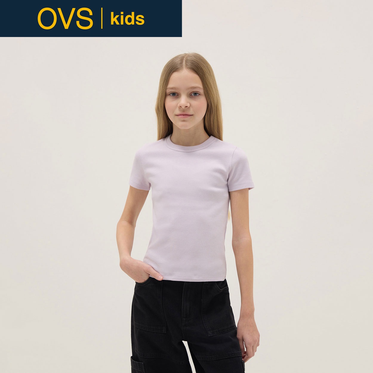 OVS KIDS(オヴィエッセ キッズ)  パープル ストレッチコットン フィット Tシャツ 女の子 キッズ(パープル-152cm)