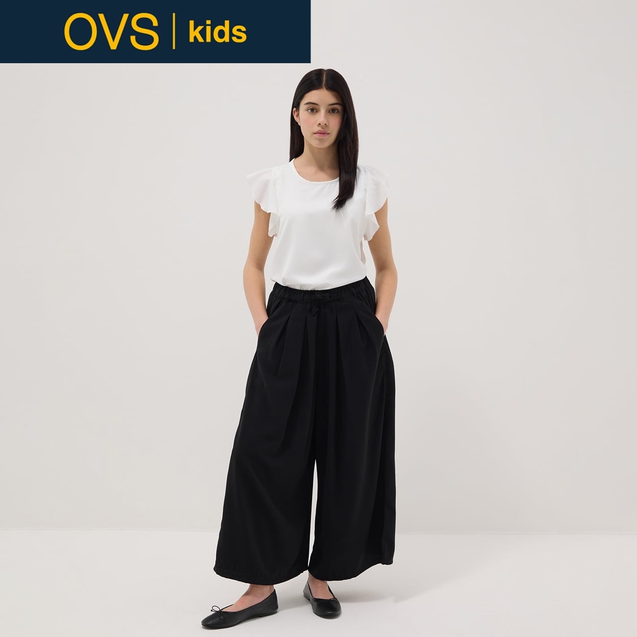 OVS KIDS(オヴィエッセ キッズ)  ブラック ポリエステル ワイドレッグ パンツ 女の子 キッズ(ガンメタル-164cm)